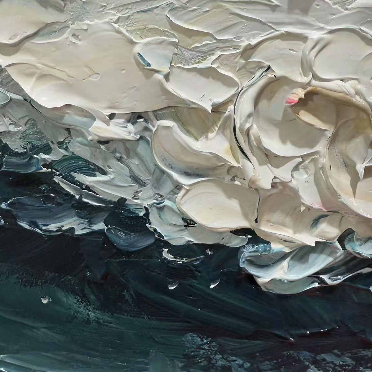 Ocean Dream hand-painted white, ocean blue and gold textured coastal abstract painting shown with black frame