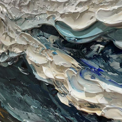 Ocean Dream hand-painted white, ocean blue and gold textured coastal abstract painting shown with silver frame