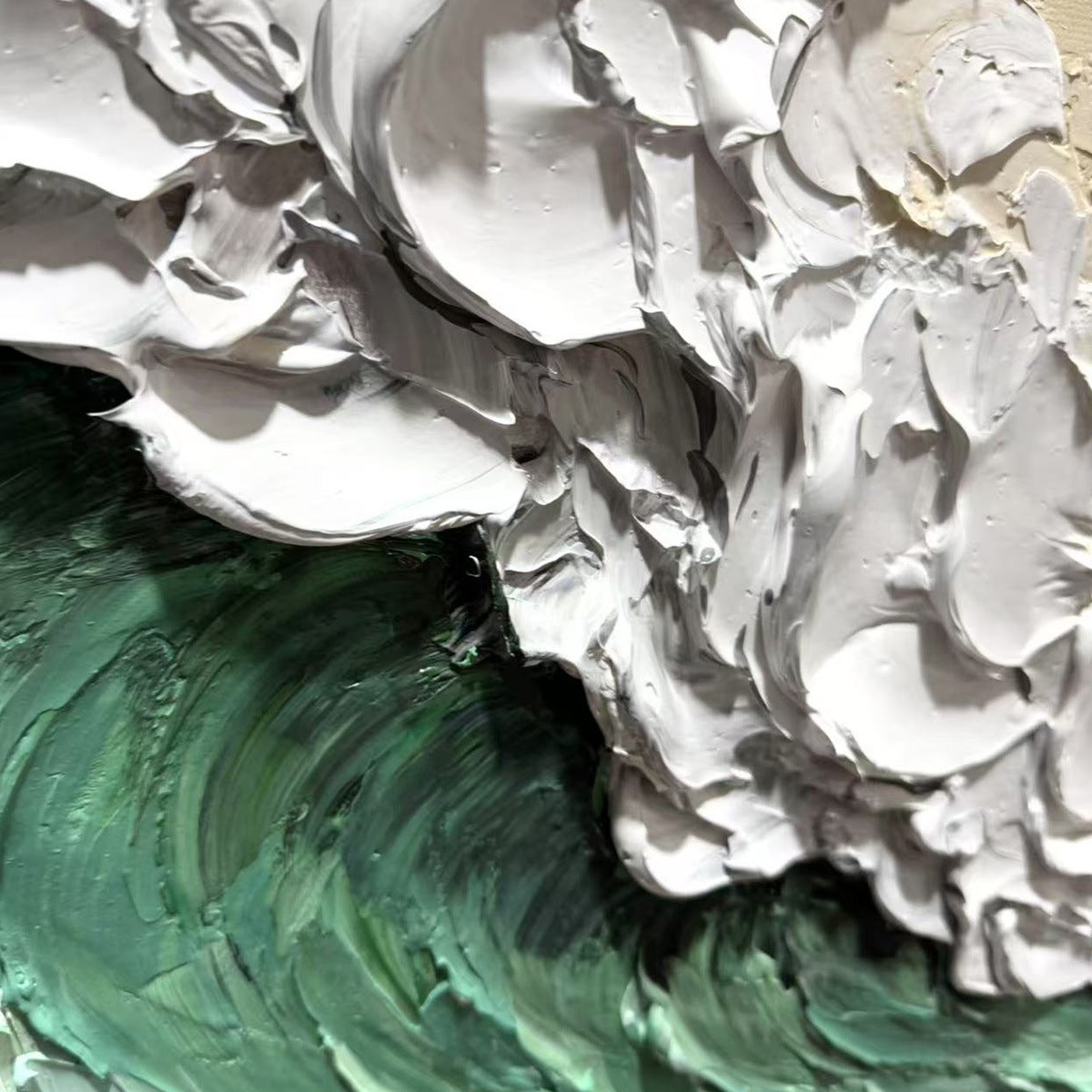 Emerald Crest hand-painted beige and emerald green textured ocean wave painting shown with silver frame