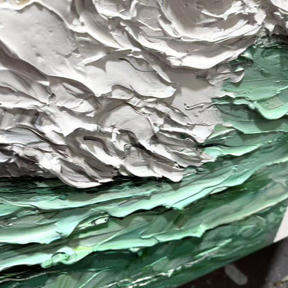 Emerald Crest hand-painted beige and emerald green textured ocean wave painting shown with black frame