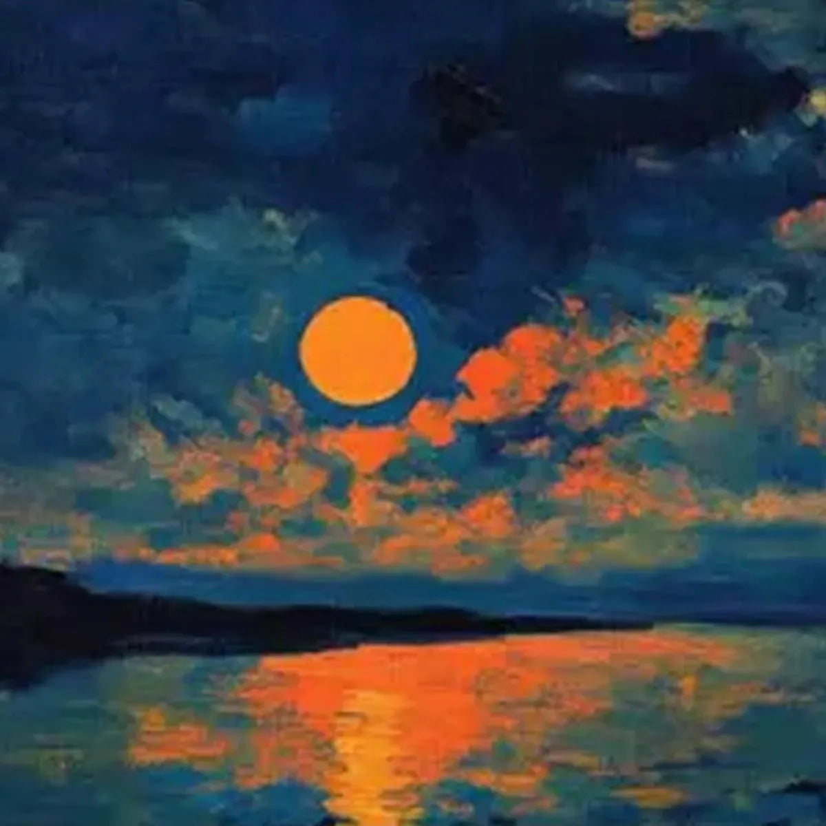 Harvest Moon Over The Lake hand-painted ocean blue and ivory textured sunset seascape painting shown with wood frame