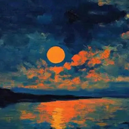 Harvest Moon Over The Lake hand-painted ocean blue and ivory textured sunset seascape painting shown with wood frame