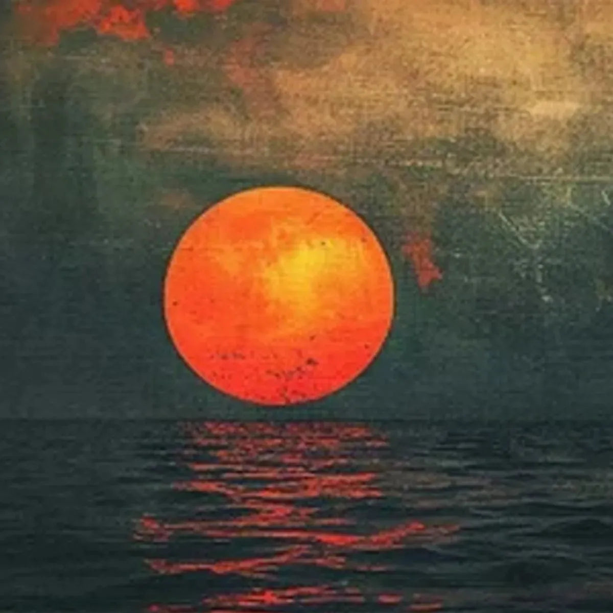 Blood Moon hand-painted ocean blue, ivory and soft neutral tones textured sunset seascape painting shown with silver frame