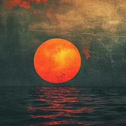 Blood Moon hand-painted ocean blue, ivory and soft neutral tones textured sunset seascape painting shown with silver frame