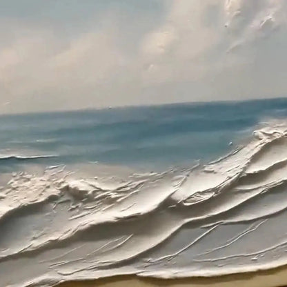 Ocean Waves hand-painted ocean blue, ivory and soft neutral tones textured seascape painting shown with silver frame
