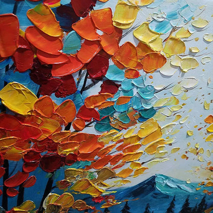 Autumn Vibes hand-painted crimson, golden yellow, turquoise and violet textured forest landscape painting shown with black frame