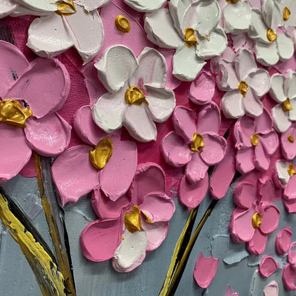 Spring Blossom hand-painted white and pink textured blossom tree painting shown with gold frame