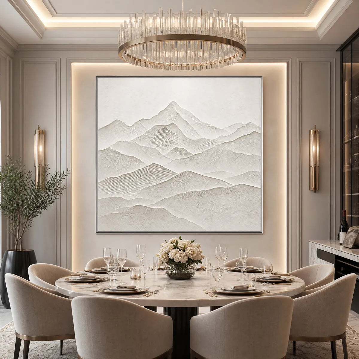 Zenith hand-painted white and soft beige textured abstract mountain painting shown with silver frame