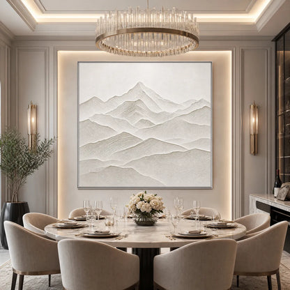 Zenith hand-painted white and soft beige textured abstract mountain painting shown with silver frame