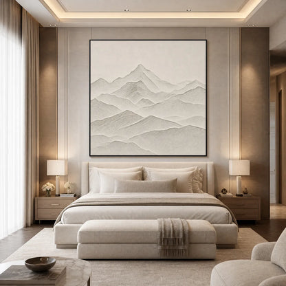 Zenith hand-painted white and soft beige textured abstract mountain painting shown with white frame