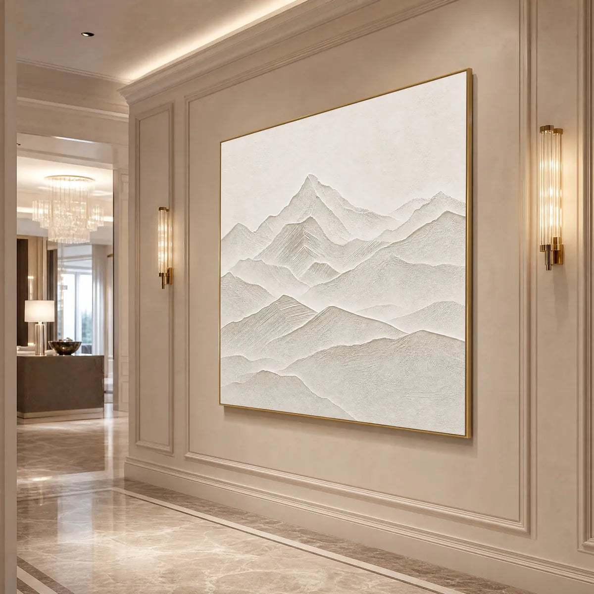 Zenith hand-painted white and soft beige textured abstract mountain painting shown with black frame