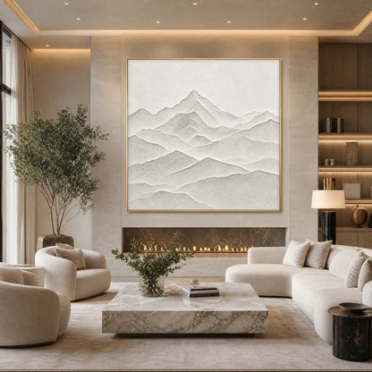 Zenith hand-painted white and soft beige textured abstract mountain painting shown with wood frame