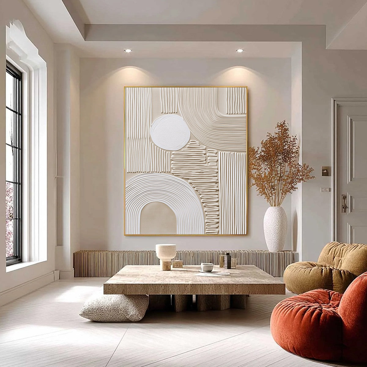 White and Beige Wabi-Sabi Abstract Textured Oil Painting – Zenith