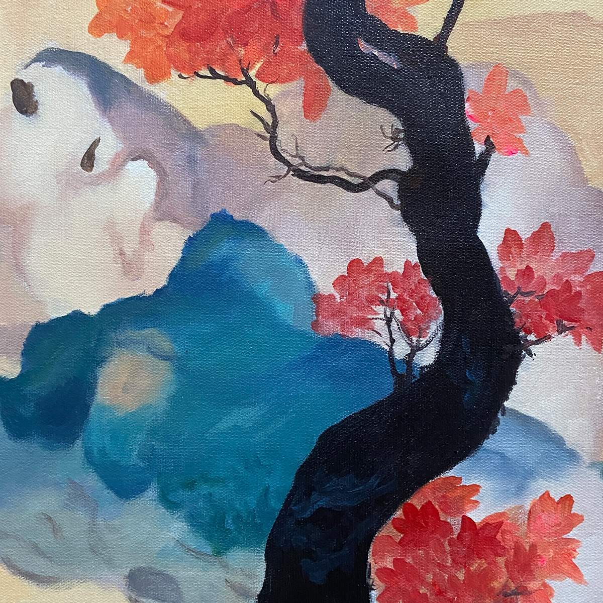 Zen Mountain Sunset hand-painted red and ivory textured mountain landscape painting shown with silver frame