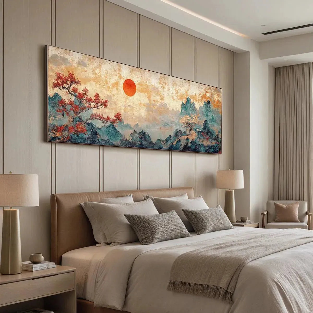 Zen Mountain Sunset hand-painted red and ivory textured mountain landscape painting rolled canvas option