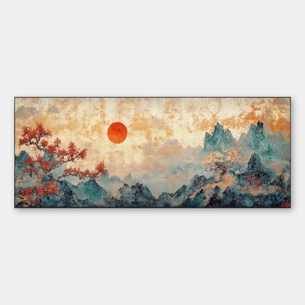 Zen Mountain Sunset hand-painted red and ivory textured mountain landscape painting rolled canvas option
