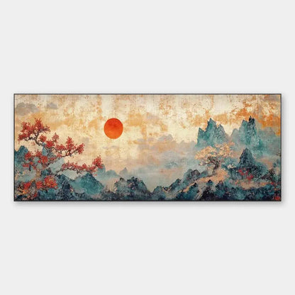 Zen Mountain Sunset hand-painted red and ivory textured mountain landscape painting rolled canvas option