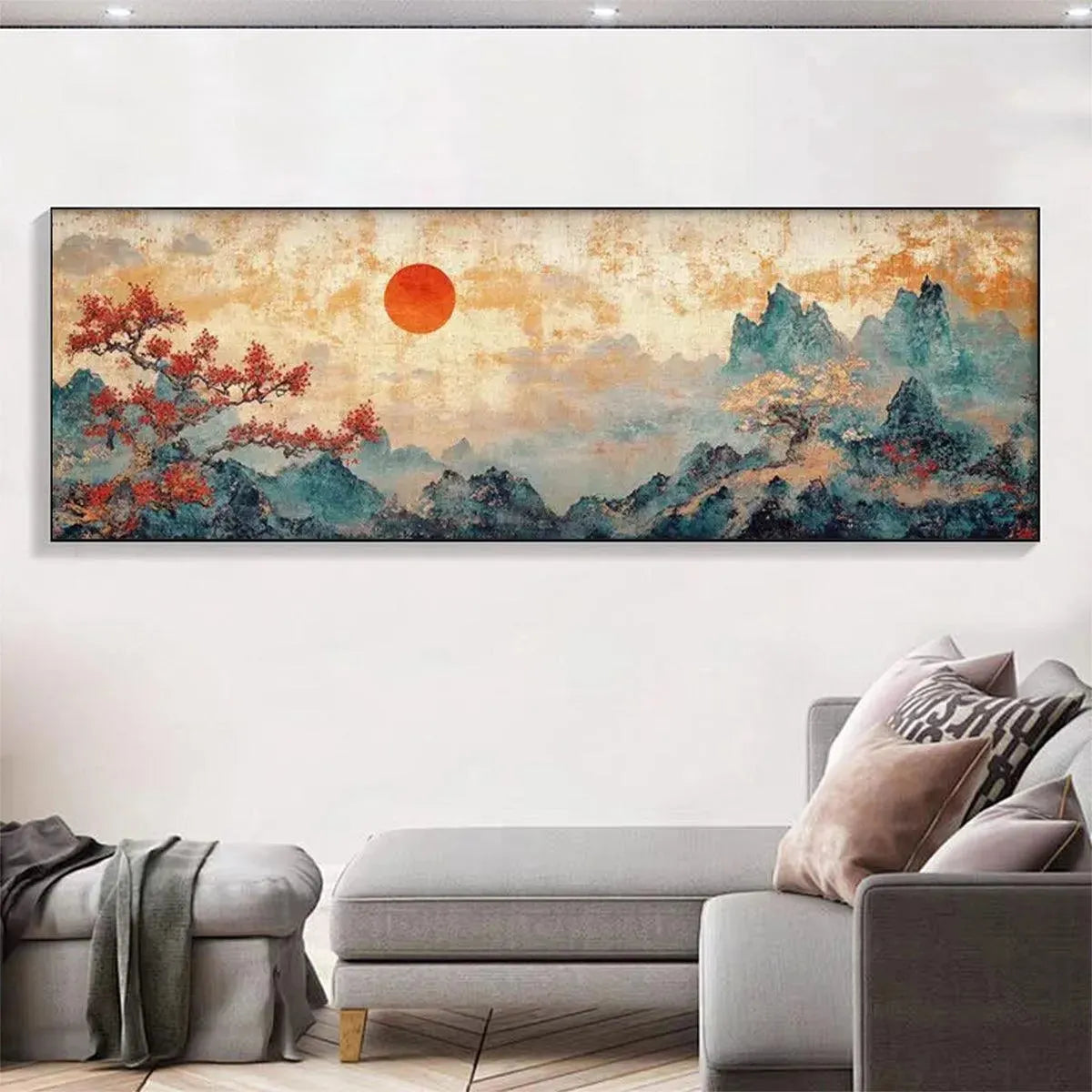 Zen Mountain Sunset hand-painted red and ivory textured mountain landscape painting shown as stretched canvas