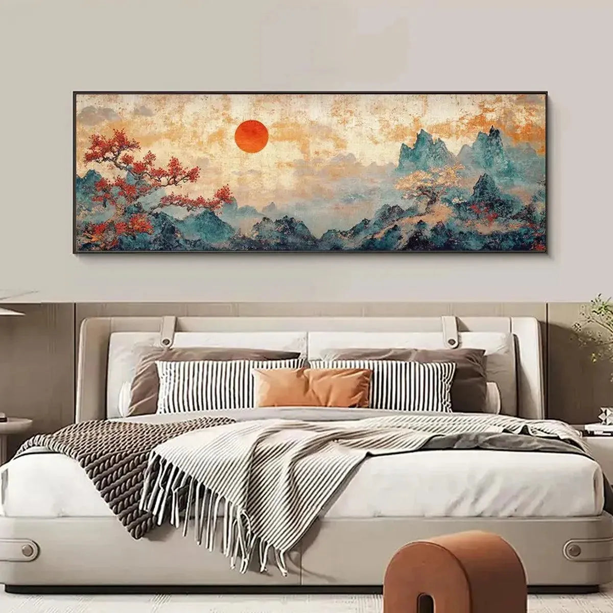 Zen Mountain Sunset hand-painted red and ivory textured mountain landscape painting shown with white frame