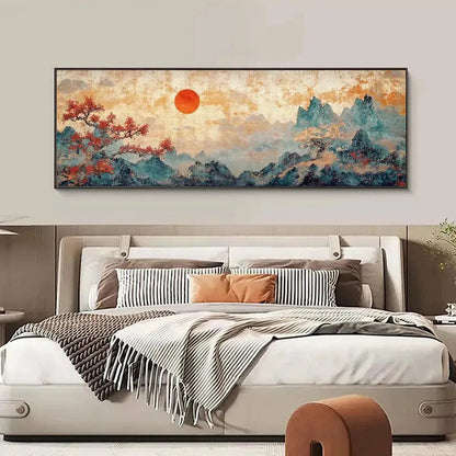 Zen Mountain Sunset hand-painted red and ivory textured mountain landscape painting shown with white frame
