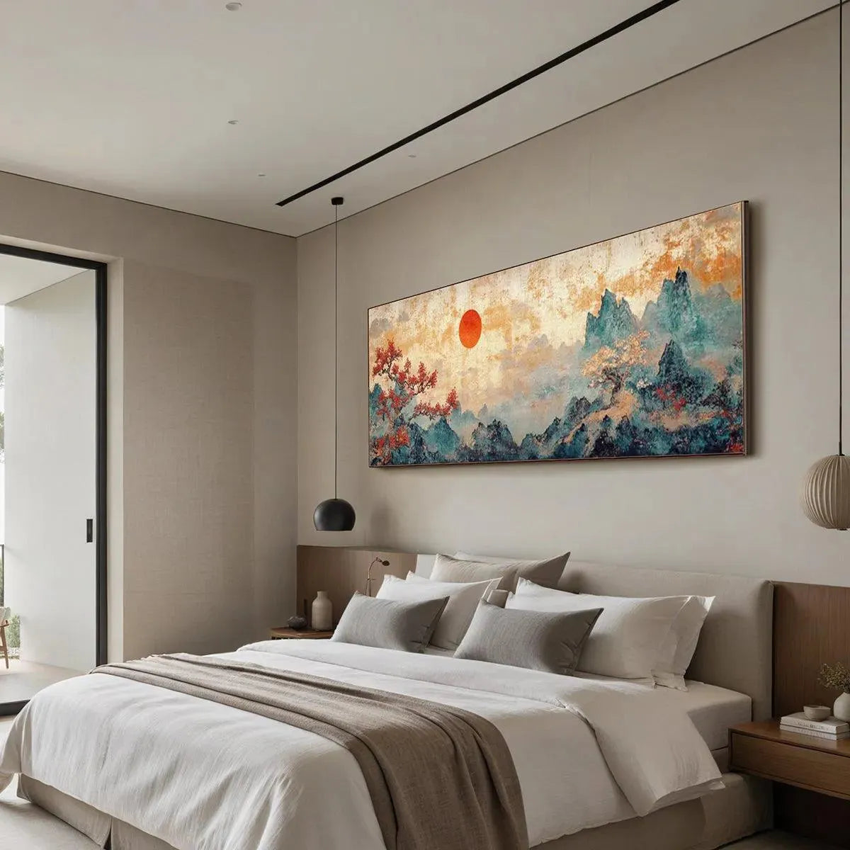 Zen Mountain Sunset hand-painted red and ivory textured mountain landscape painting shown with black frame