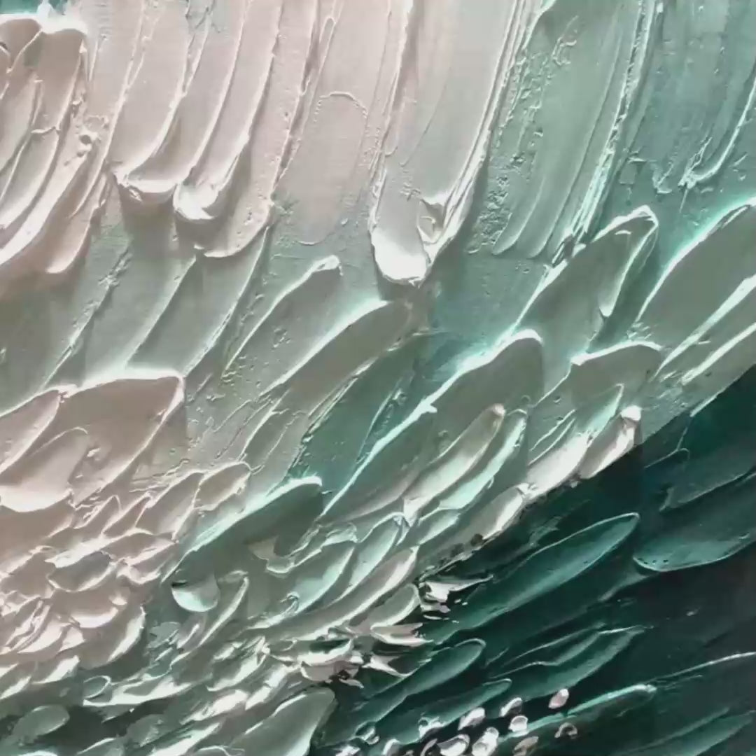 Aquamarine Crest hand-painted white and soft beige textured ocean wave painting shown with gold frame