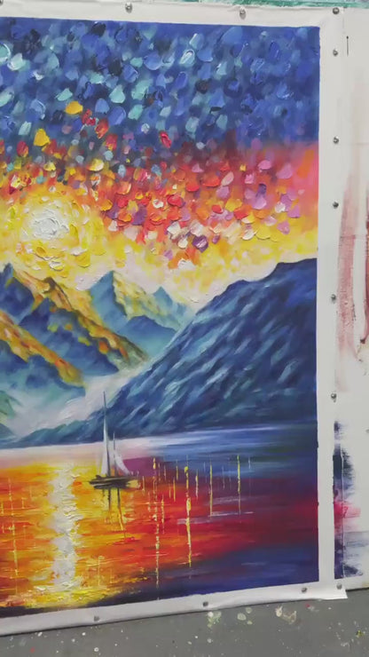 Majestic Sunrise hand-painted crimson, golden yellow, turquoise and violet textured mountain lake painting shown with silver frame