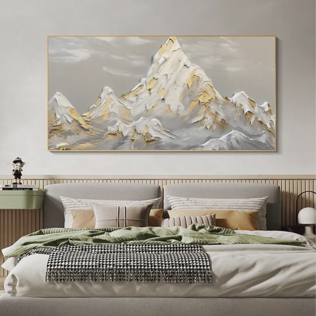 Golden Peaks hand-painted soft grey and gold textured mountain landscape painting shown with silver frame