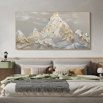 Golden Peaks hand-painted soft grey and gold textured mountain landscape painting shown with silver frame