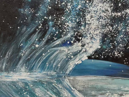 Whale's Grace hand-painted ocean blue and ivory textured whale ocean painting shown with silver frame