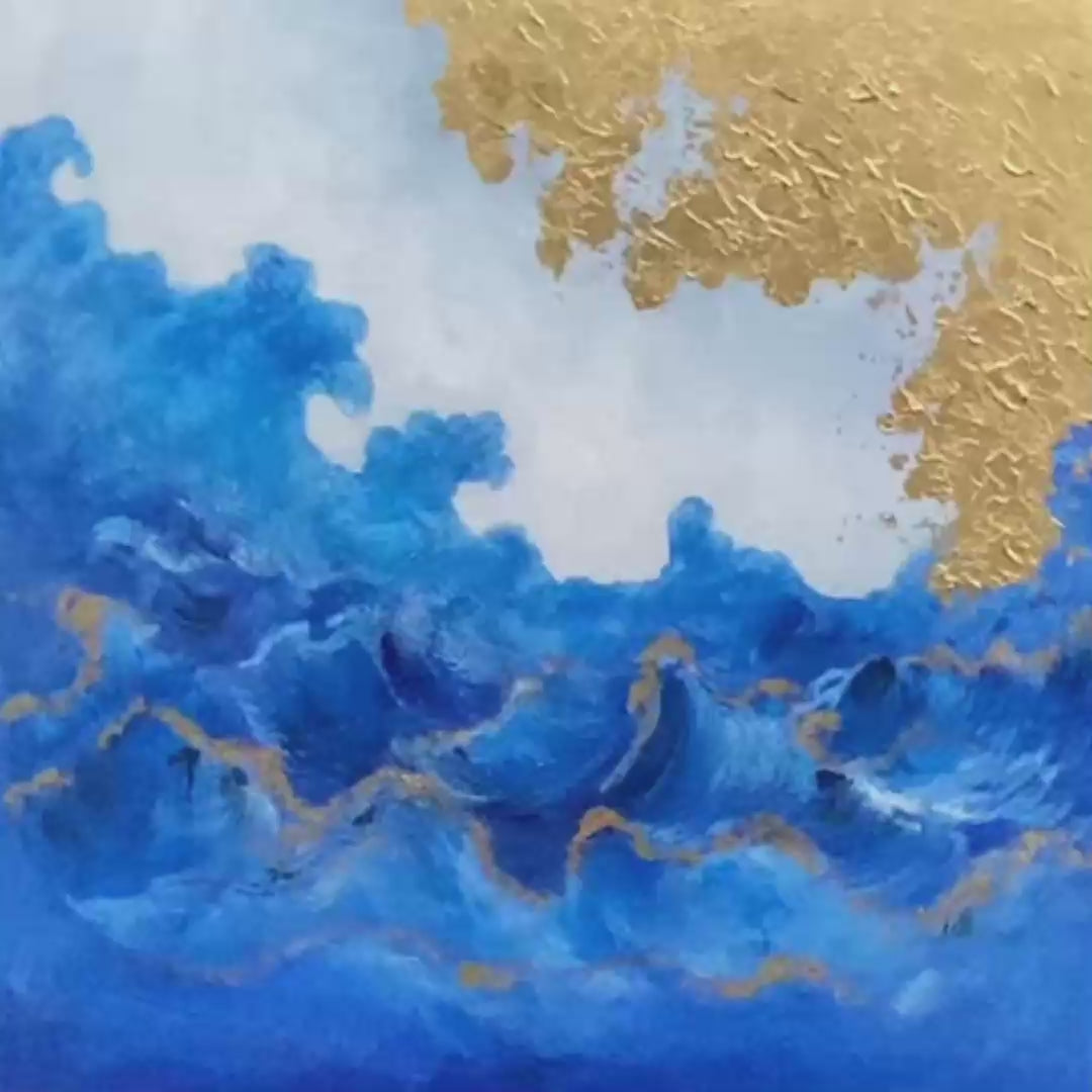 Azure Crest hand-painted azure blue and gold textured ocean wave painting shown with gold frame