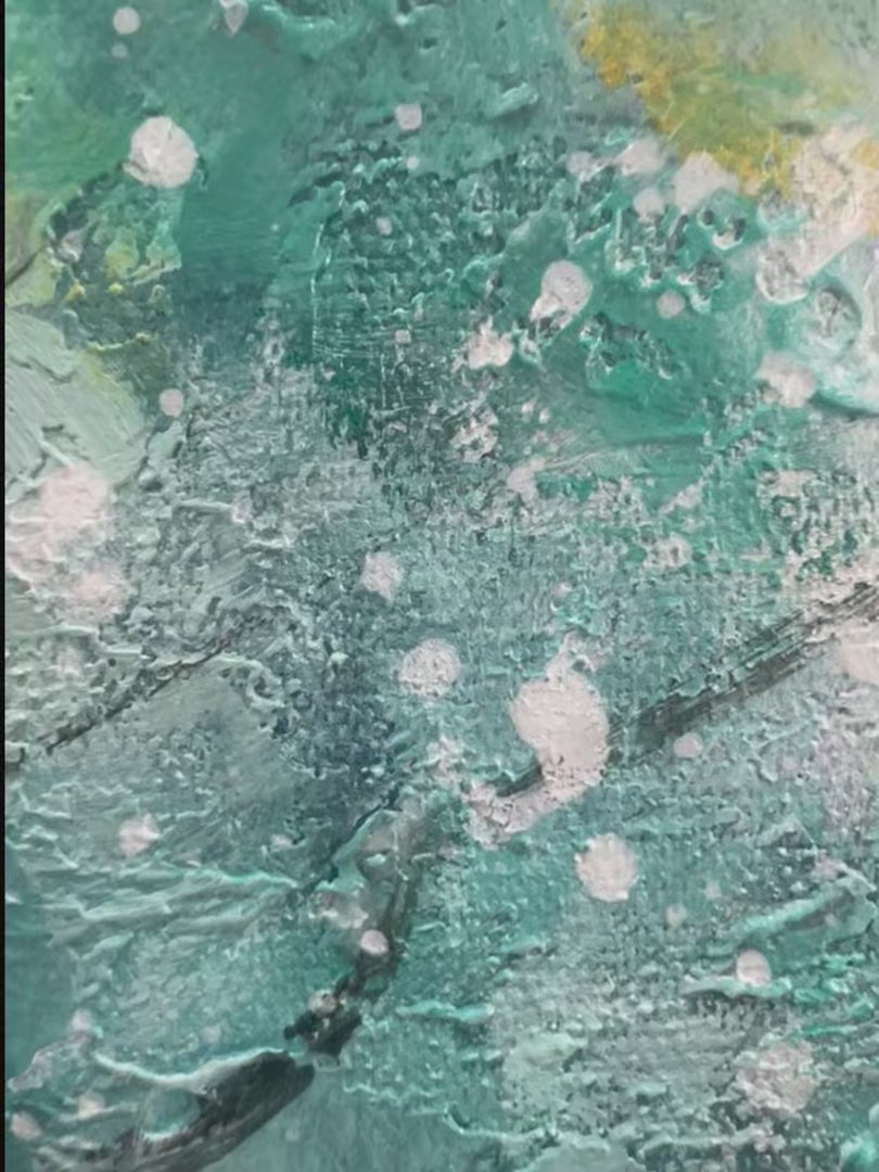 Golden Autumn hand-painted ocean blue and gold textured tree painting shown with silver frame