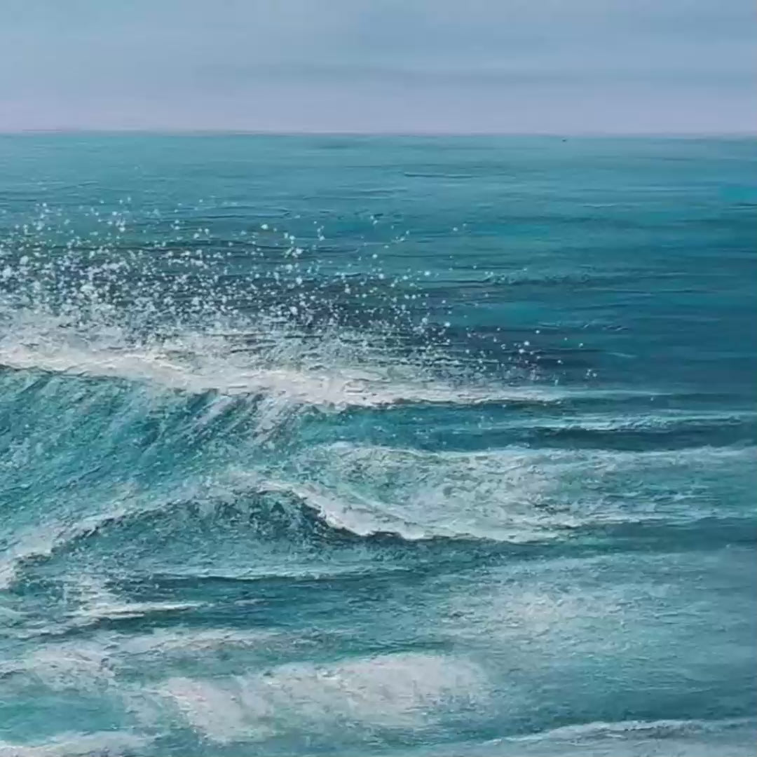 Azure Crests hand-painted azure blue and ocean blue textured ocean wave painting shown with gold frame