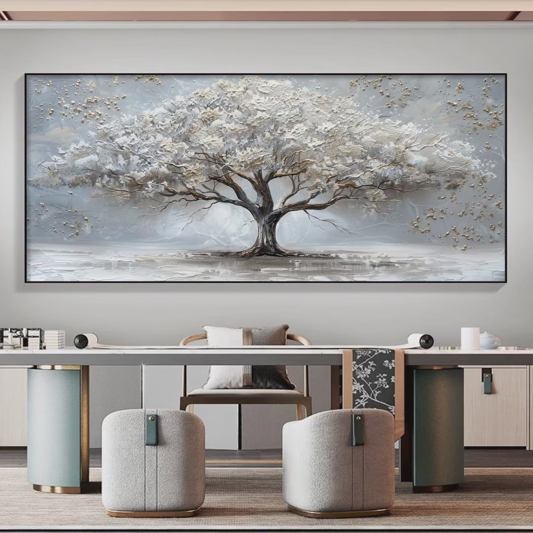 Silver Lining hand-painted white, soft grey and gold textured tree painting shown with silver frame
