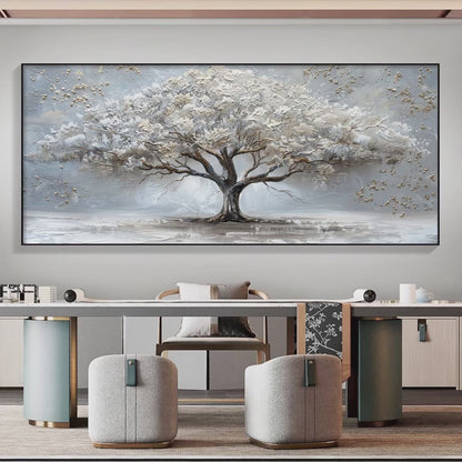 Silver Lining hand-painted white, soft grey and gold textured tree painting shown with silver frame