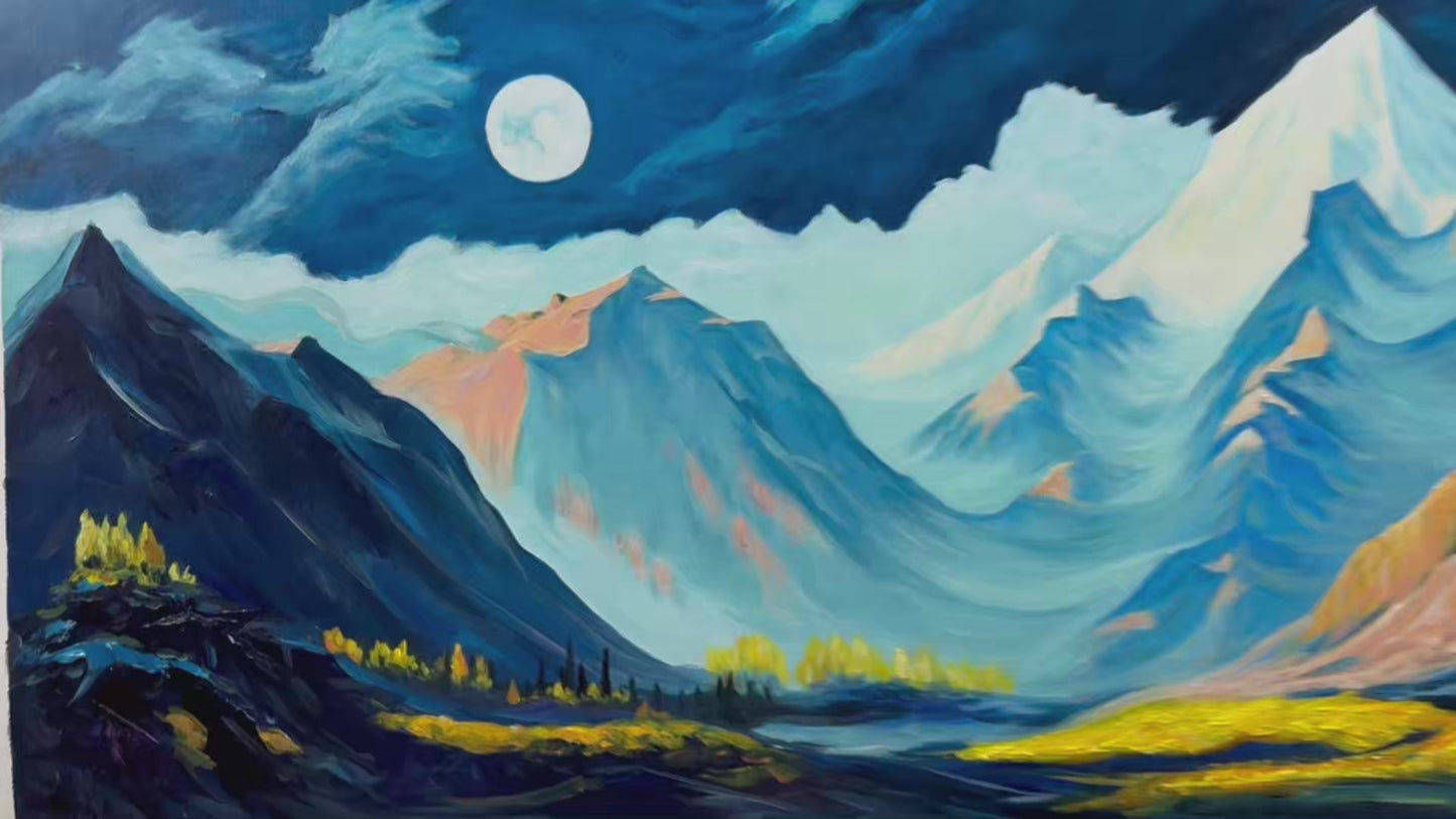 Moonlit Majesty hand-painted white, soft grey and slate blue textured mountain valley painting shown with silver frame