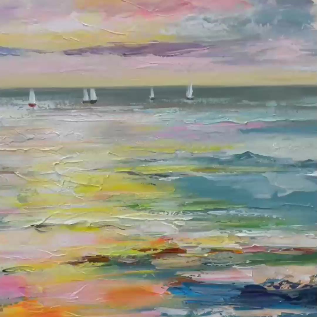 Sunset Sail hand-painted ocean blue, ivory and soft neutral tones textured sailboat seascape painting shown with gold frame