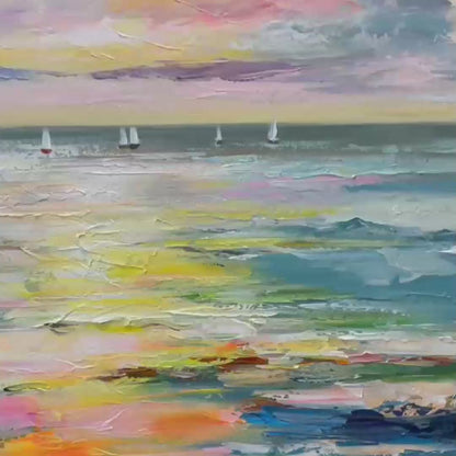 Sunset Sail hand-painted ocean blue, ivory and soft neutral tones textured sailboat seascape painting shown with gold frame