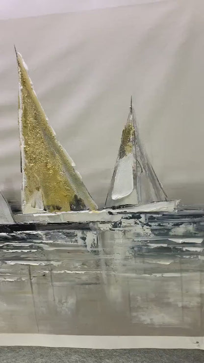 Golden Regatta hand-painted gold and ivory textured sailboat seascape painting shown with silver frame
