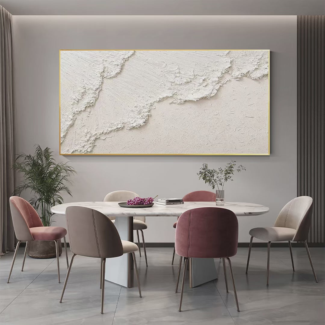 White Crest hand-painted white and soft beige textured ocean wave painting shown with silver frame