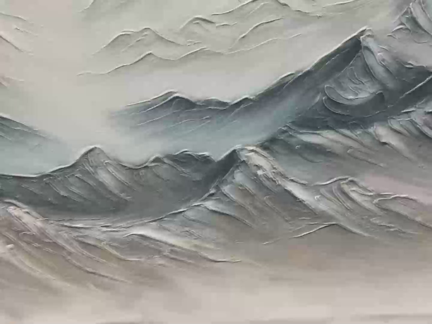 Frozen Peaks hand-painted white and soft grey textured abstract mountain painting shown with gold frame