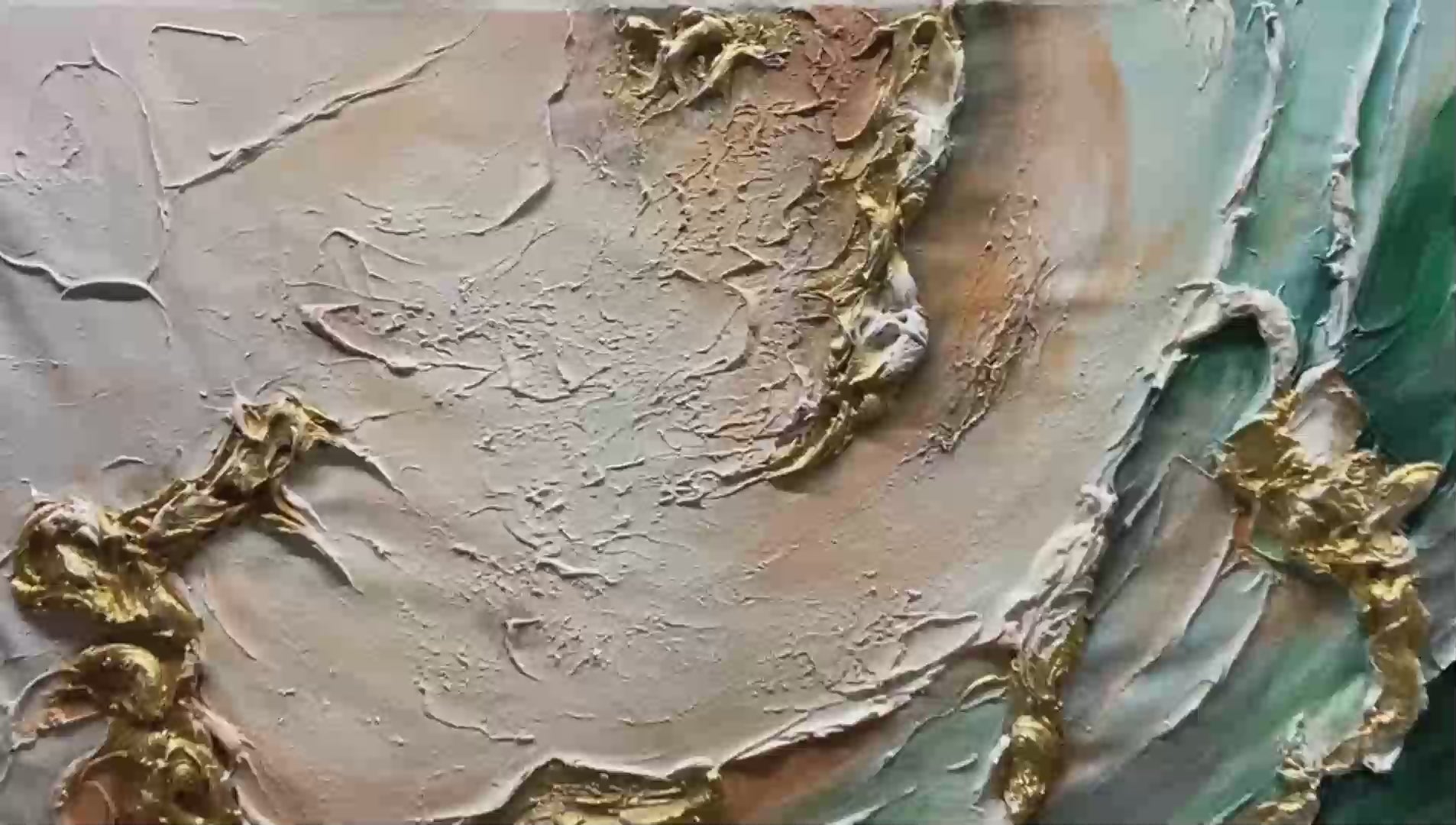 Jade Aurora hand-painted white, green and gold textured coastal abstract painting shown with gold frame