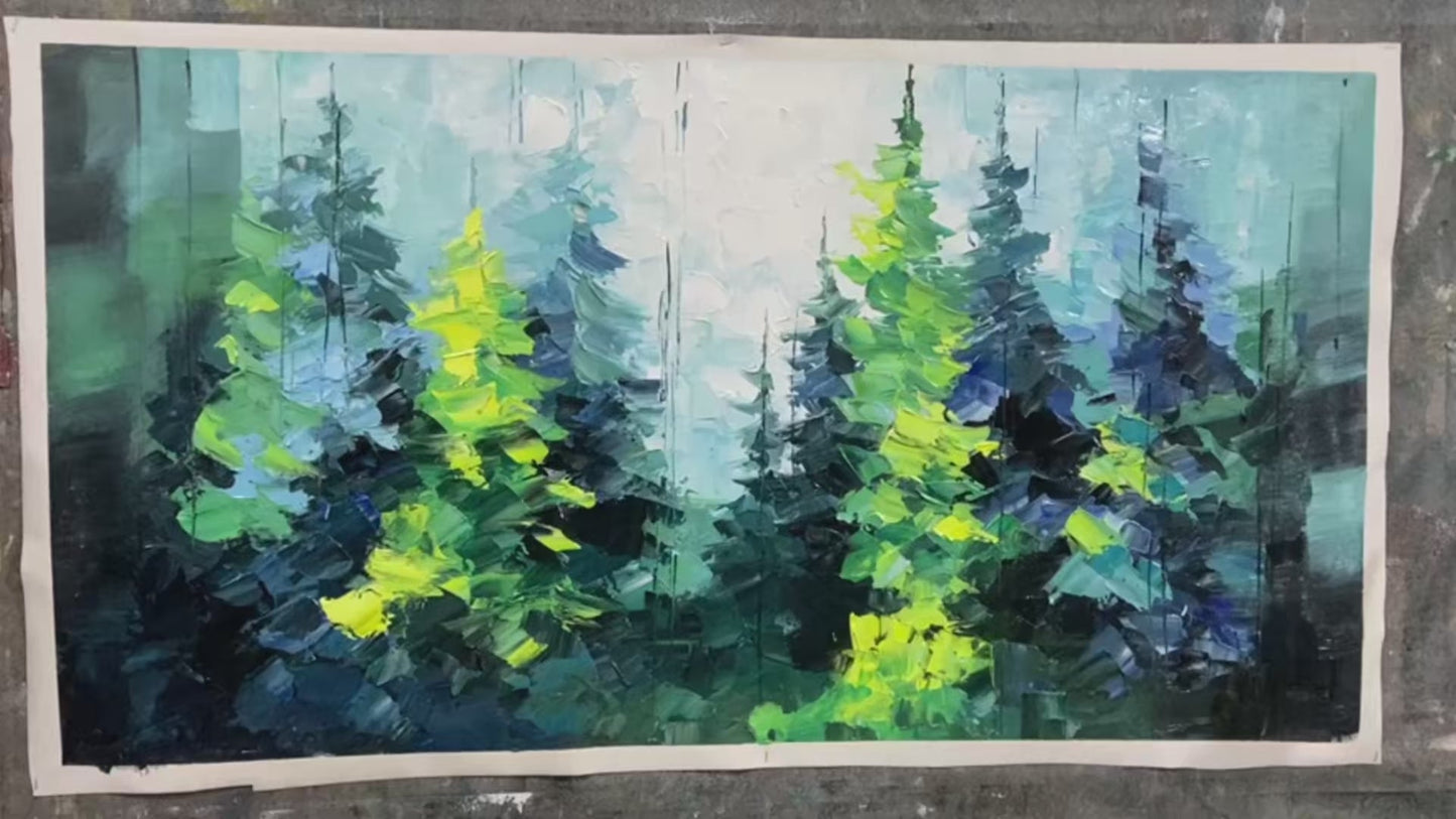 Emerald Forest hand-painted emerald green and ivory textured forest landscape painting shown with silver frame