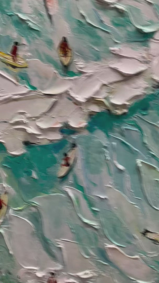 Surf's Up hand-painted ocean blue, ivory and soft neutral tones textured surfer ocean painting shown with gold frame