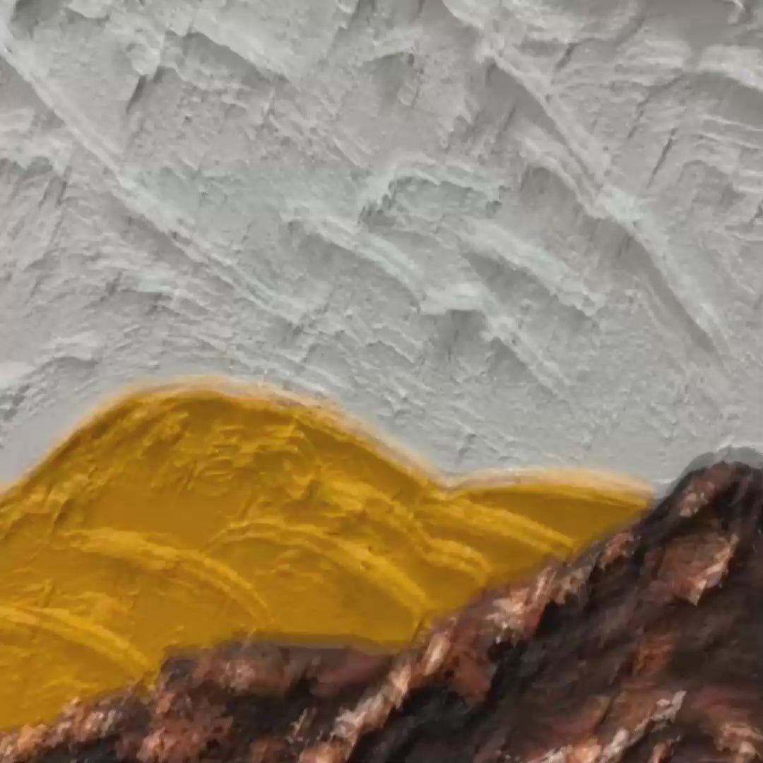 Mountain Peaks hand-painted white and earth brown textured mountain landscape painting shown with gold frame