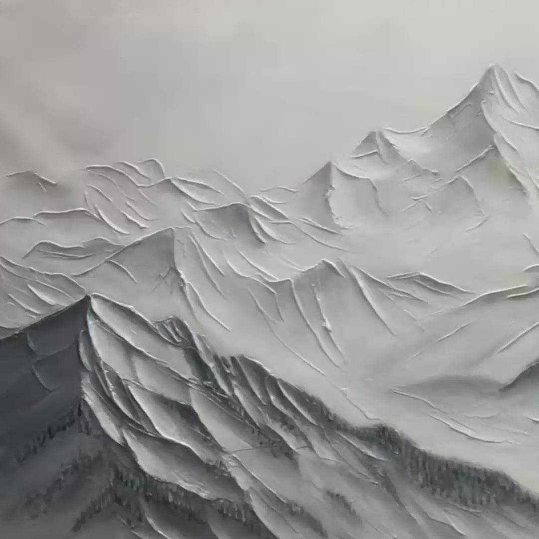 Frozen Peaks hand-painted white and soft grey textured abstract mountain painting shown with gold frame