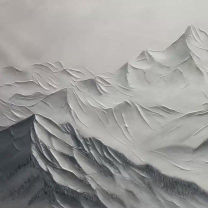 Frozen Peaks hand-painted white and soft grey textured abstract mountain painting shown with gold frame