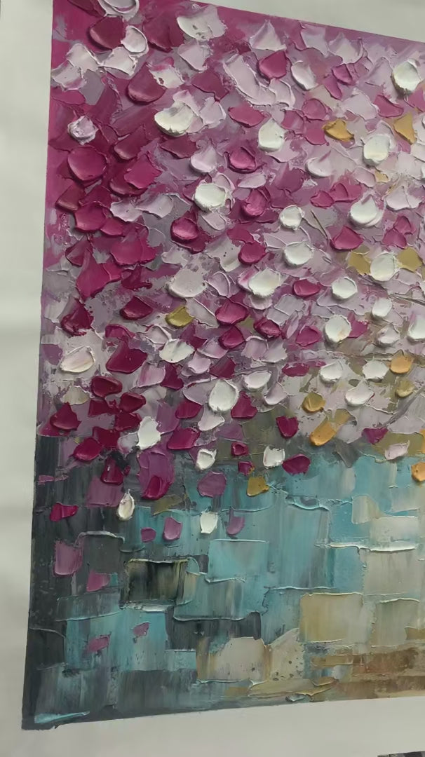 Cherry Blossom Dream hand-painted gold and pink textured blossom tree painting shown with silver frame