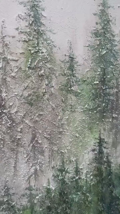 Emerald Mist hand-painted emerald green and ivory textured forest landscape painting shown with silver frame