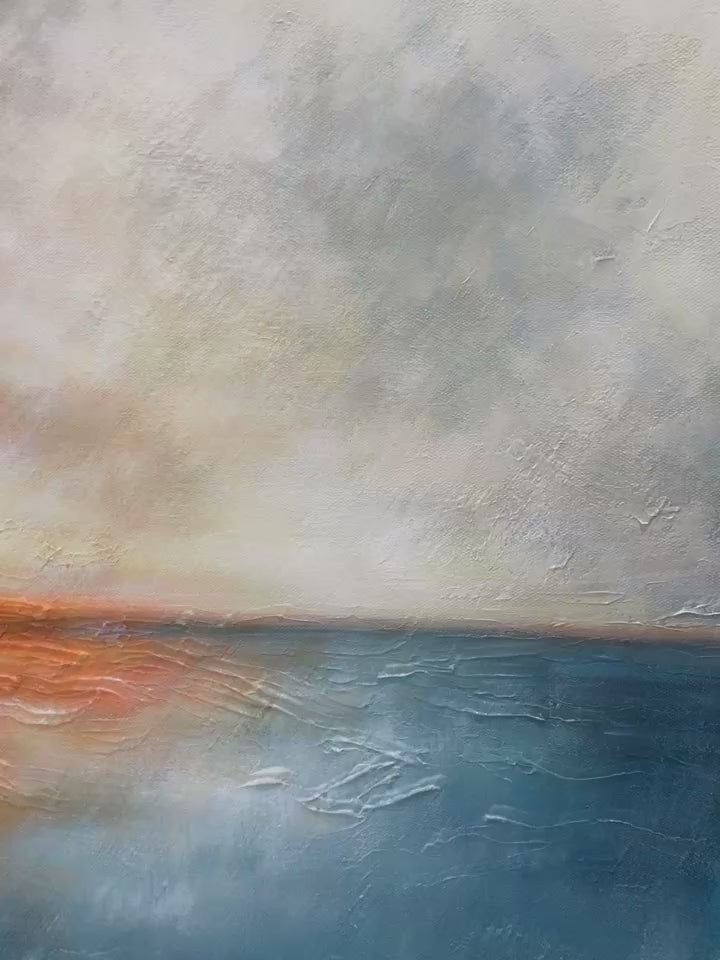 Fiery Embrace hand-painted beige and ivory textured sunset seascape painting shown with silver frame